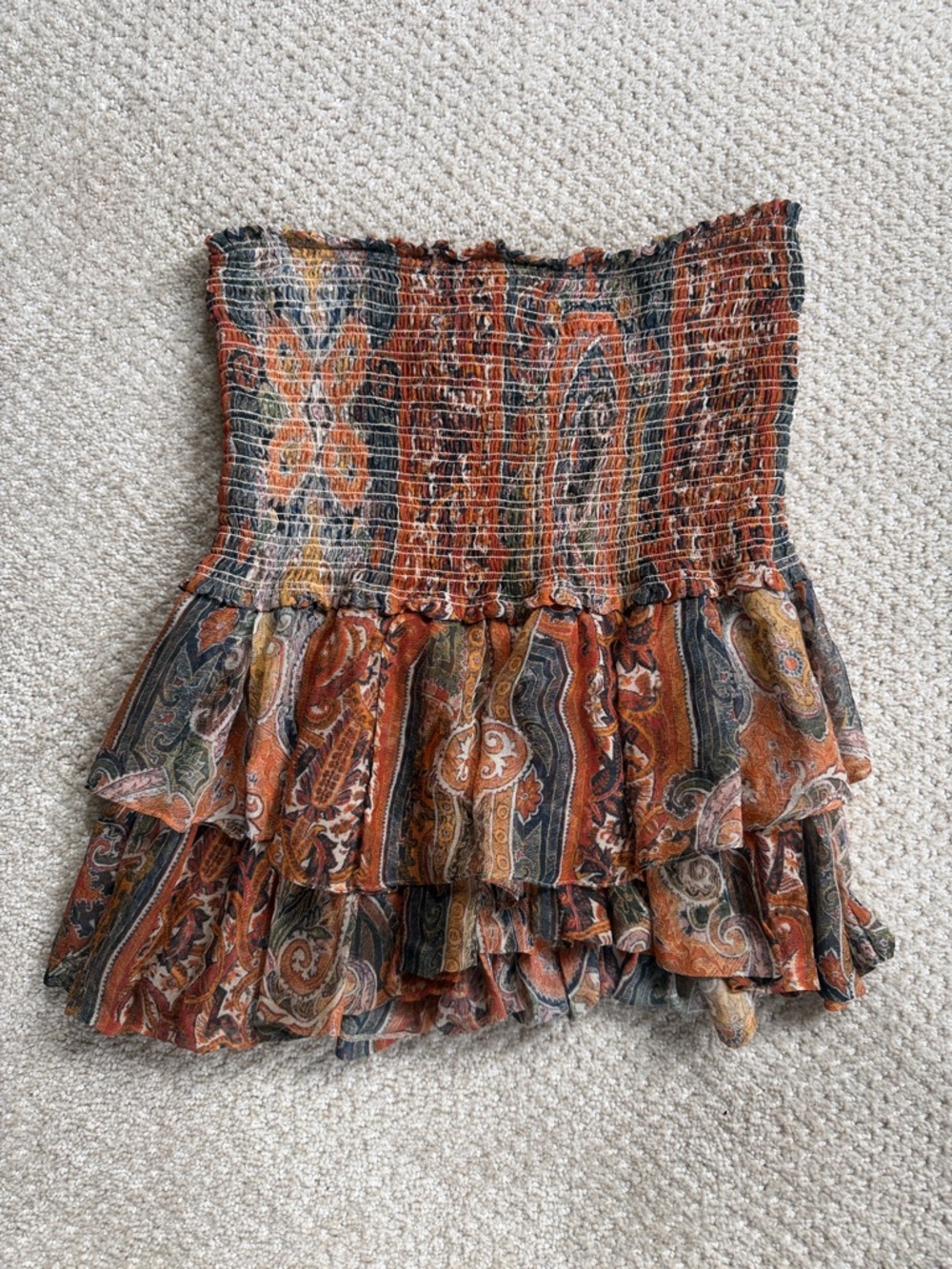 Isabel Marant Rust and Navy Paisley Tiered Smocked Mini Skirt